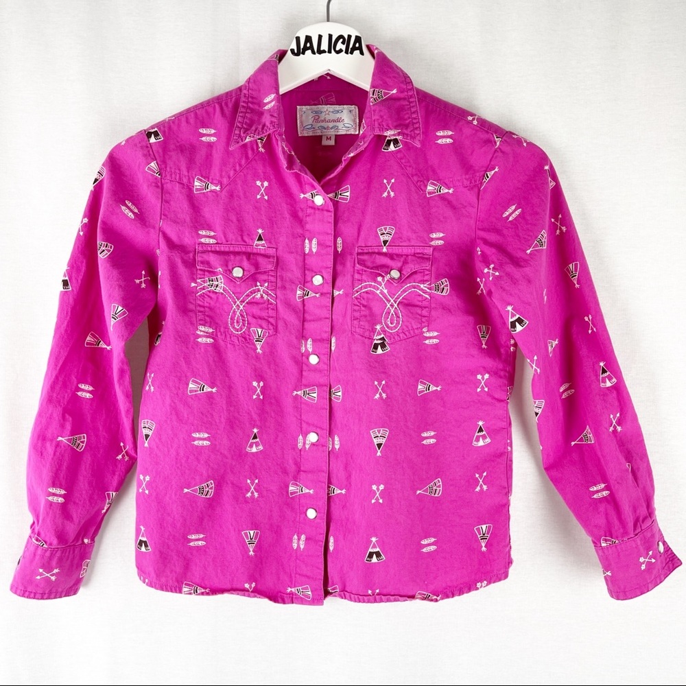 Girls' Button-Down Shirt - Bright Pink Printed Western Style